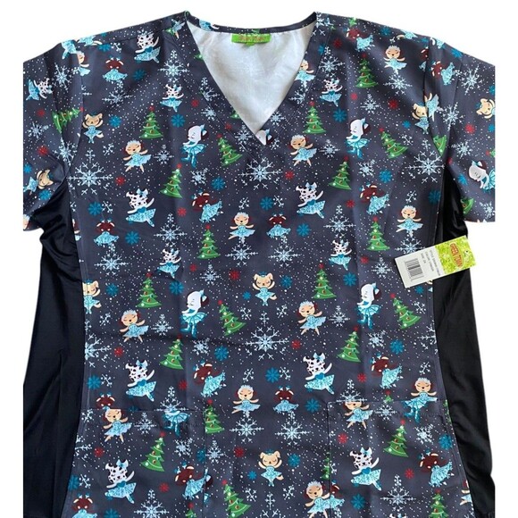 Green Town Christmas Scrub Top - 2X - Gray w/ Christmas Trees & Ballerinas - Picture 2 of 5
